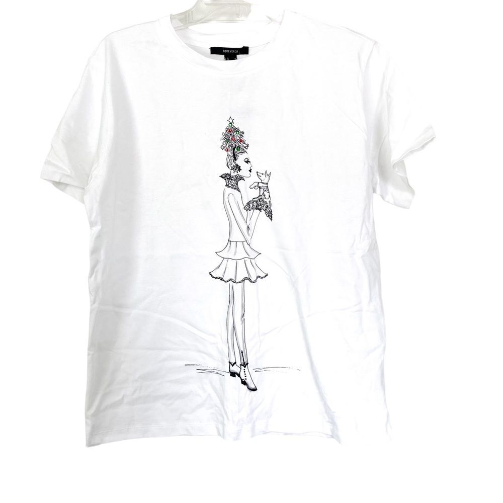 Forever 21 White Victorian Lady Graphic Embroidered Short Sleeve Shirt Size M